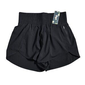 NWT | BMJL Black High-Waisted Smocked Performance Running Shorts | Zip Pocket |